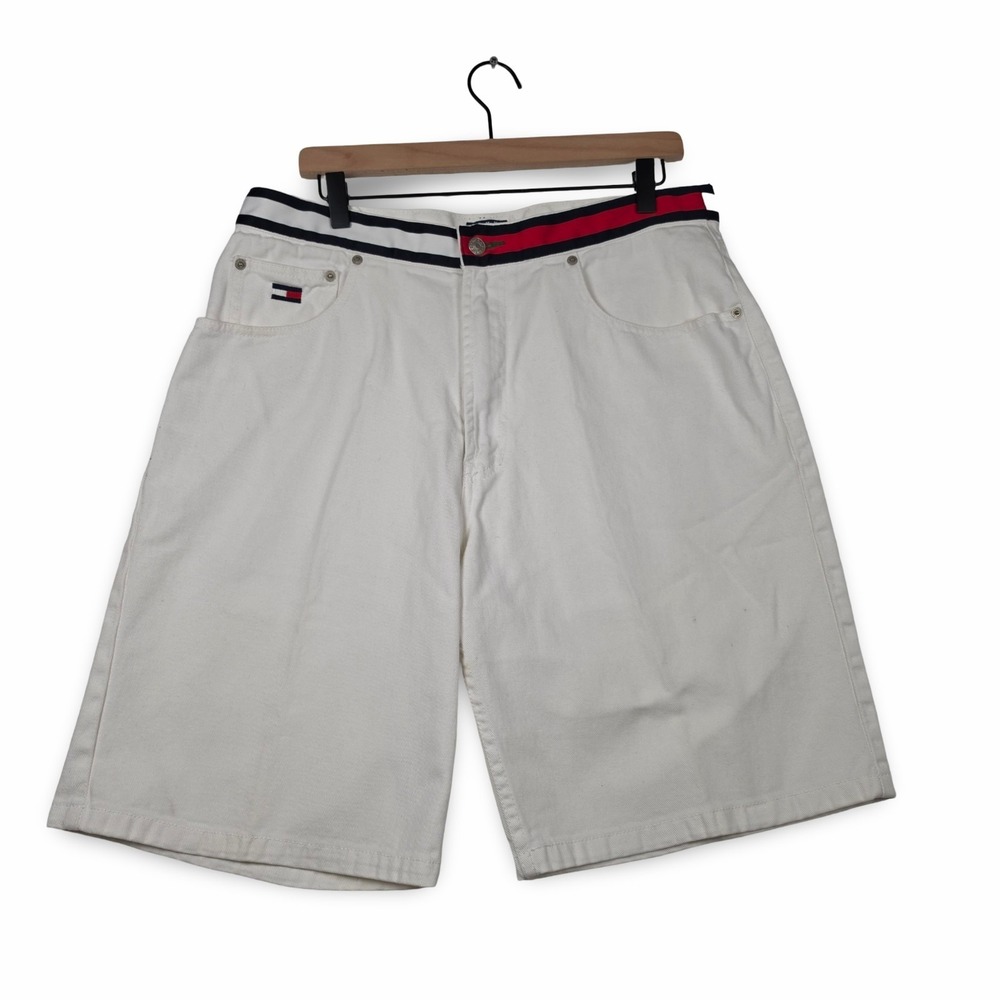 VTG Tommy Hilfiger White Denim Flag Shorts Size 36 Baggy Skater Y2K Jorts 90s